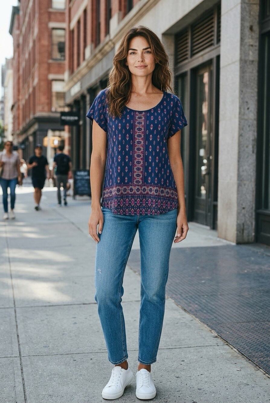 Lucky Brand Boho Top Size Large Short Sleeve Colorful Bohemian Blouse Scoop Neck